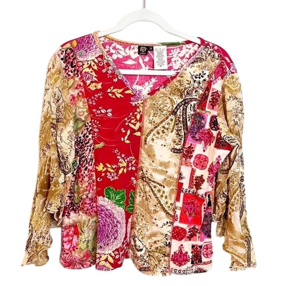 Bila Woman 2X Boho Patchwork Floral Paisley Bell Sleeve V-Neck Top Cotton Rayon